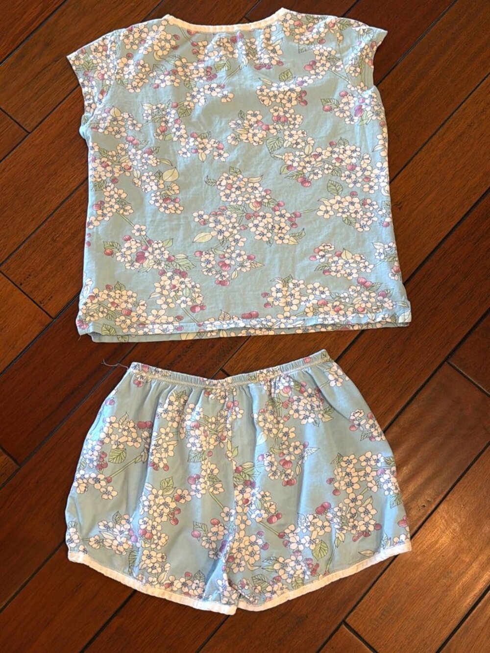 Garnet Hill Pajama SET Size M Blue Floral Green Cotton Short Sleeve Shorts - Picture 3 of 9